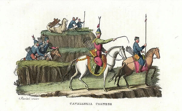 Chinese cavalry armed with lance, quiver, bow and arrow, with artillery firing cannons from a hill behind. Handcoloured copperplate engraving by Andrea Bernieri from Giulio Ferrario's Ancient and Modern Costumes of all the Peoples of the World, 1843