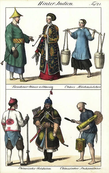 Chinese costumes: a mandarin and his wife smoking pipes, a dairy, soldiers and a night guard with his lantern. Lithography for the book: ' Galerie complete en tableaux fideles des peuples d'Asie' by Friedrich Wilhelm Goedsche (1785-1863)