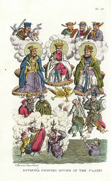 Chinese deities in three classes, with portraits of Lauzi, Amitabha Buddha (Fo) and Confucius, and gods of war, earth, water, stone, and philosophers. Handcoloured copperplate drawn and engraved by Andrea Bernieri from Giulio Ferrario's Ancient