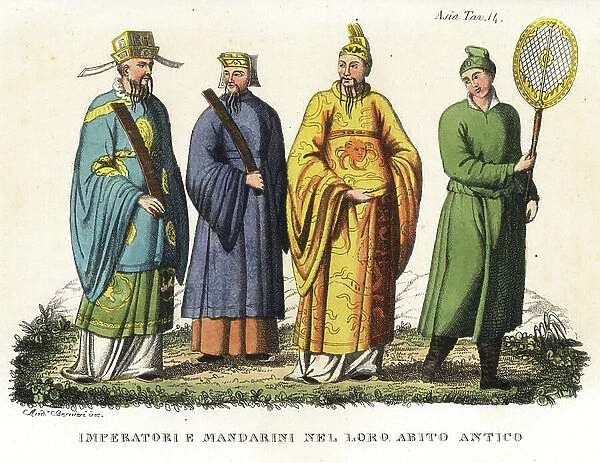 Chinese emperor and mandarins in ancient dress. Handcoloured copperplate engraving by Andrea Bernieri from Giulio Ferrario's Ancient and Modern Costumes of all the Peoples of the World, 1843