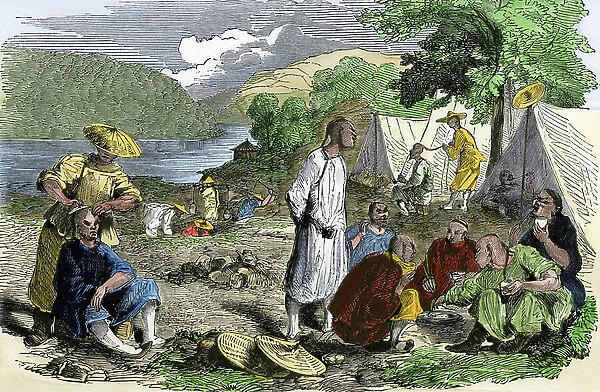 Chinese immigrant prospectors camp in the California Gold Rush, 1850s