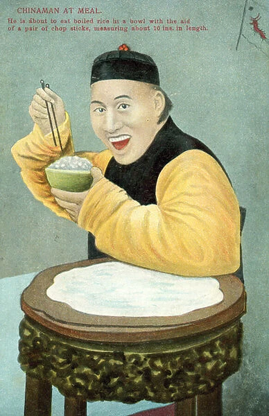 Chinese man using a pair of chopsticks to eat a bowl of rice (colour litho)