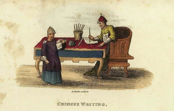Chinese man writing with a brush at a desk. The brush is made of rabbit hair and bamboo. Handcoloured copperplate engraving by Andrea Freschi after Antoine Cardon from Henri-Leonard-Jean-Baptiste Bertin and Jean Baptiste Joseph Breton's China