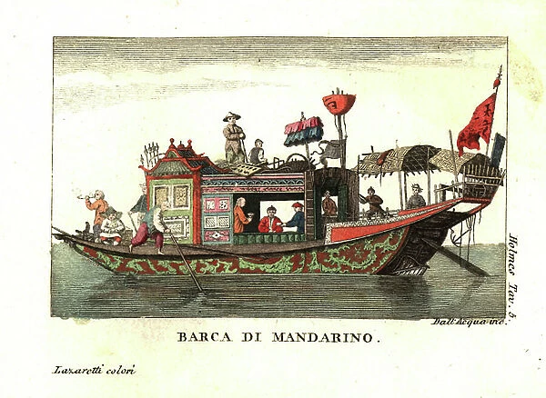 Chinese mandarin's barge. The mandarin takes lunch in the cabin waited on by servants. The two umbrellas are a sign of his authority. The boat's wide gunwales allow the sailors to traverse the entire boat without disturbing the passengers