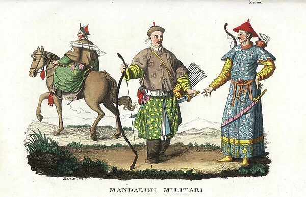 Chinese mandarins in military uniform with scimitar and bow, arrow, quiver. Handcoloured copperplate engraving by Andrea Bernieri from Giulio Ferrario's Ancient and Modern Costumes of all the Peoples of the World, 1843