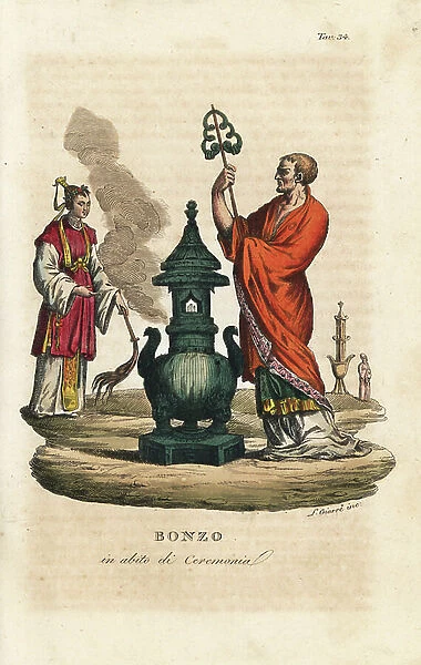 Chinese monk in ceremonial robes making offerings at an altar. Handcoloured copperplate engraving by Luigi Giarre from Giulio Ferrario's Ancient and Modern Costumes of all the Peoples of the World, 1843