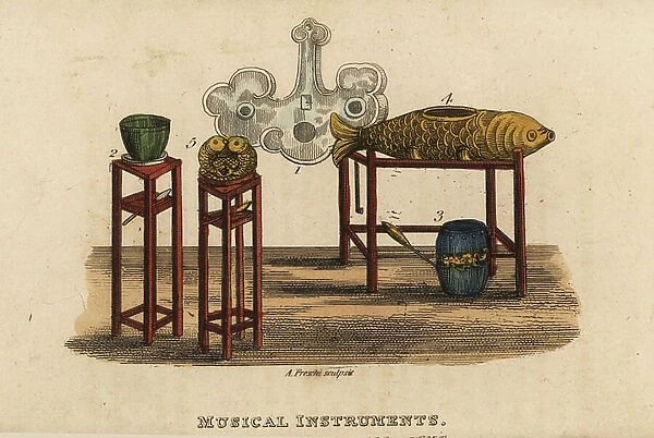 Chinese musical instruments, Qing Dynasty: iron Hien-pan 1, bronze vase 2, drum, wooden percussion instrument in the shape of a fish 4, and Bong-gui 5. Handcoloured copperplate engraving by Andrea Freschi after Antoine Cardon