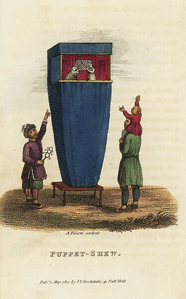 Chinese puppet show, Qing Dynasty. The puppeteer is completely hidden inside a curtained theatre and works the puppets in a window above his head. Handcoloured copperplate engraving by Andrea Freschi after Antoine Cardon