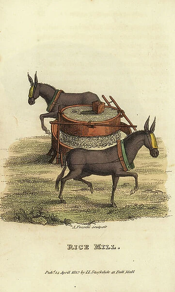 Chinese rice mill with blindfolded mules turning a millstone, Qing Dynasty. Handcoloured copperplate engraving by Andrea Freschi after Antoine Cardon from Henri-Leonard-Jean-Baptiste Bertin and Jean Baptiste Joseph Breton's China, Its Costumes
