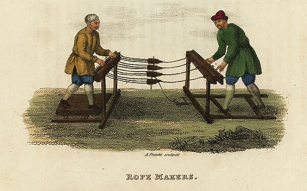 Chinese rope makers, Qing Dynasty. Workers twisting and weaving rope from bamboo on a horizontal frame. Handcoloured copperplate engraving by Andrea Freschi after Antoine Cardon from Henri-Leonard-Jean-Baptiste Bertin