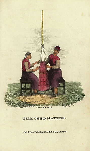 Chinese silk-cord or silk-twist makers, Qing Dynasty. Women twisting silk thread on an uprtight cone. Handcoloured copperplate engraving by Andrea Freschi after Antoine Cardon from Henri-Leonard-Jean-Baptiste Bertin