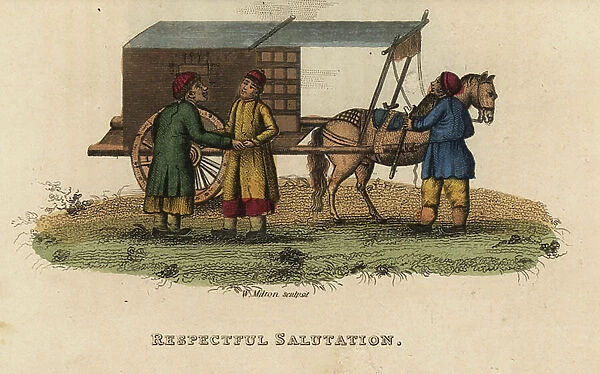 Chinese youth alighting from his carriage to salute a friend of his father's, Qing Dynasty. Handcoloured copperplate engraving by Andrea Freschi after Antoine Cardon from Henri-Leonard-Jean-Baptiste Bertin and Jean Baptiste Joseph Breton's China