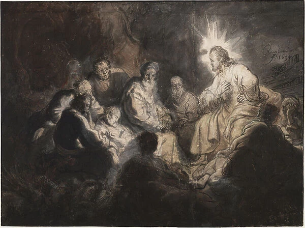 Christ and His Disciples in the Garden of Gethsemane, by Rembrandt van Rhijn (1606-1669). Pen, brush, grey and brown colour, watercolour on paper, ca 1634. Dimension : 35, 7x47, 8 cm. Teylers Museum, Haarlem