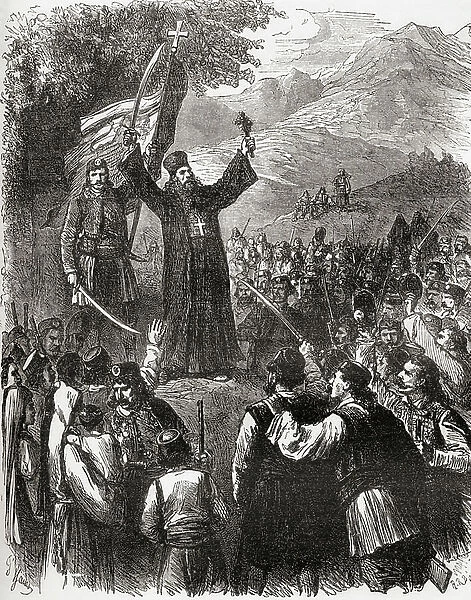 A Christian priest preaching in Montenegro urging the people to go and fight against the Turks. From Russes et Turcs, La Guerre D'Orient, published 1878 (b / w engraving)