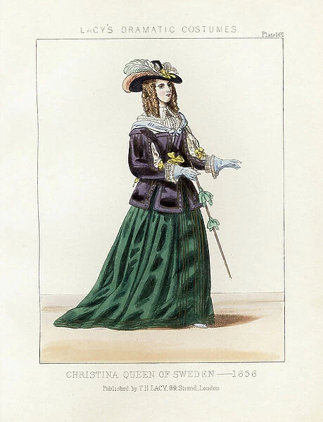 Christina Queen of Sweden, 1656. She wears a plumed hat, hair in ringlets, lace collar blouse, slashed jacket, gloves, velvet skirts, and holds a cane. Handcoloured lithograph from Thomas Hailes Lacy's ' Female Costumes Historical