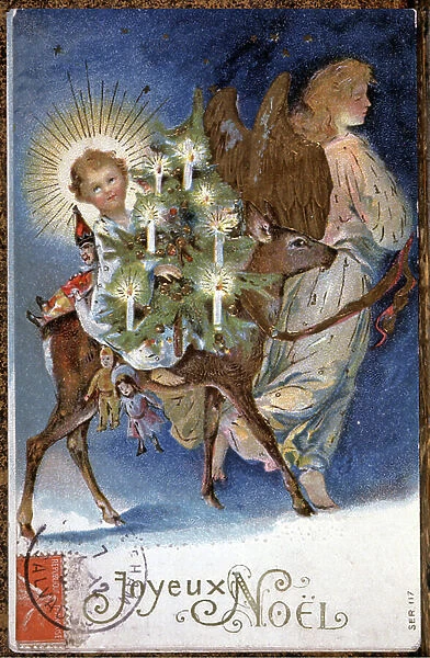 The Christmas angel and baby Jesus, 1907 (Postcard)