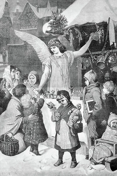 Christmas angle bringing gifts for the children (engraving)