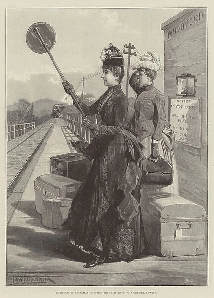 Christmas in Australia, stopping the Train to go to a Christmas Party (engraving)