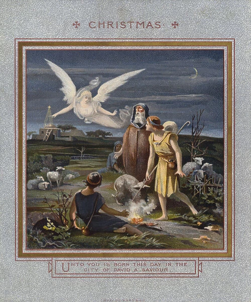 Christmas card: Shepherds alerted to the birth of Jesus while tending their flocks at night (chromolitho)