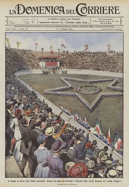 Christmas in Rome at the National Stadium, in front of the stage of the Sovereigns, the children of the schools... (colour litho)