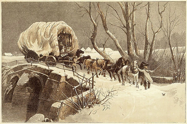 The Christmas Wagon: Carter and his team struggling through the snow. Colour-printed engraving London 1866