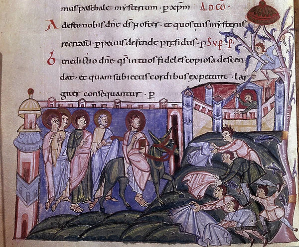 Christ's entry into Jerusalem: the inhabitants welcome him with joy by spreading their clothes on the floor. Miniature from the German manuscript ms.1275, folio 3v Liber Sacramentorum (Sacred Book). 10th-11th century