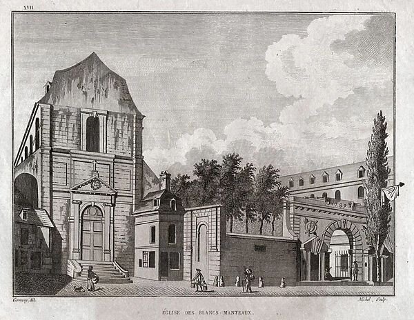 The church of the Blancs Manteaux in the Marais district in Paris. circa 1780 (Engraving)