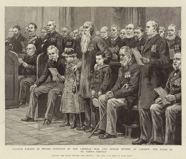Church Parade of Welsh Veterans of the Crimean War and Indian Mutiny at Cardiff, the Scene in St Johns Church (engraving)