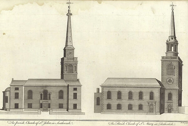 Church of St John, Southwark and Church of St Mary, Rotherhithe (engraving)