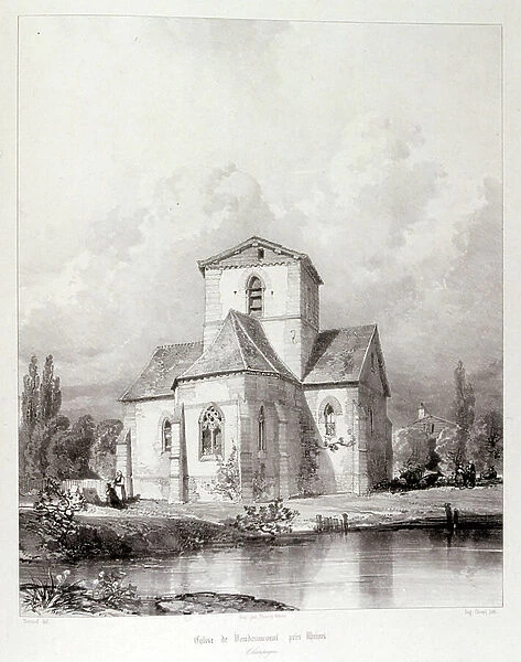 The church of Vaudesincourt, near Reims, France, 1857, Illustrated in Voyages pittoresques et romantiques (Picturesque and romantic journeys in ancient France), by Isidore Taylor, (baron Taylor) 1857