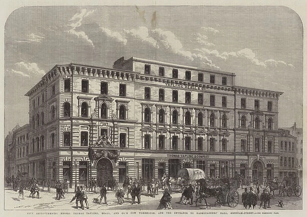 City Improvements, Messers Thomas Tapling, Beall, and Companys New Warehouse, and the Entrance to Haberdashers Hall, Gresham-Street (engraving)