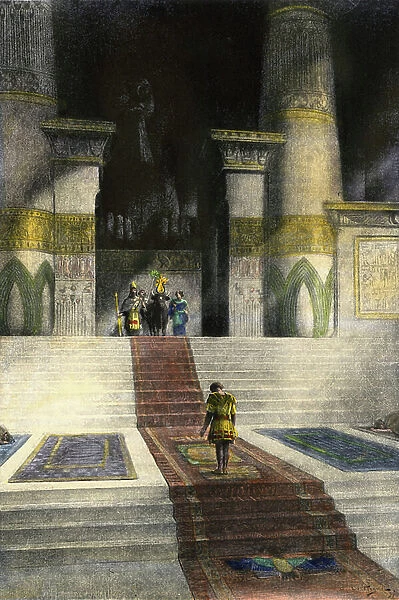 Civilization of Antiquity: Alexander The Great in the Temple of Apis in Memphis, Ancient Egypt. 19th century colour engraving