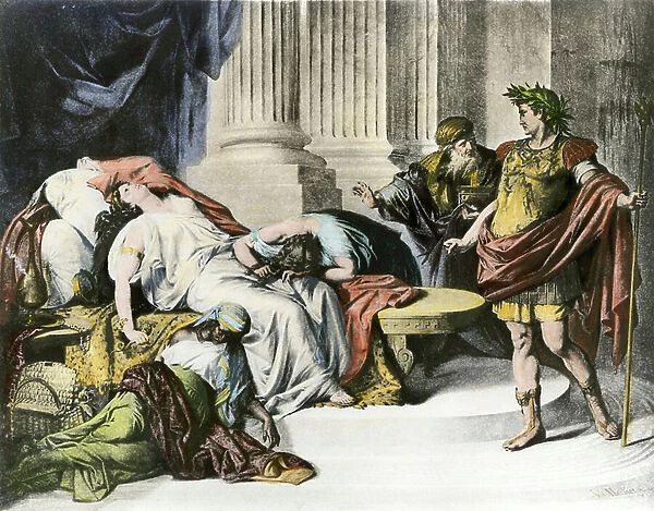 Civilization of Antiquity: Augustus (Octavian or Octavian, 63 BC-14 AD) finding Cleopatre's body after suicide. Engraving after the painting of Von Heckel