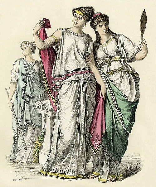 Civilization of Antiquity: Greek women and pretresses (in the background) 19th century engraving