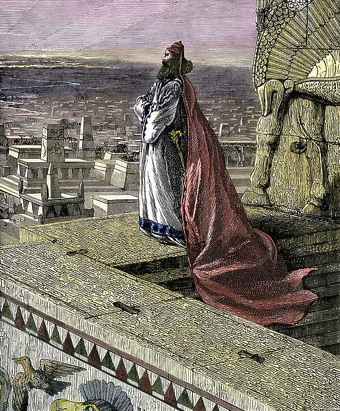 Civilization of Antiquity: King Nebuchadnezzar II, ruler of Babylon (v. 630-562 BC) looking at the city of Babylon, 7th century BC. Colour engraving of the 19th century