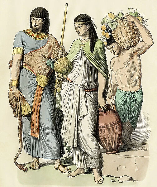 Civilization of Antiquity: Pharaoh of Ancient Egypt, woman carrying water jars and a man carrying a basket of fruit. Engraving