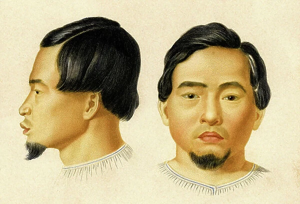 Civilization of Malaysia: ' Type of Malaysian breed'. Face of a man from Malaysia. In 'Dictionnaire universel d'Histoire naturelle' by Mr. Charles D'Orbigny, 1841-1849