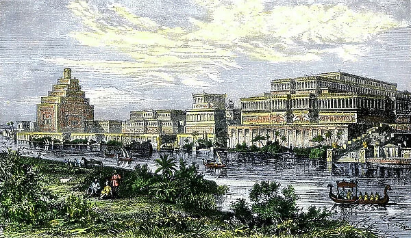 Civilization of Mesopotamia: Royal Palace of Assyria in Nineveh (sometimes Nineveh) on the edge of the Tiger before its destruction in 612 BC (today in Iraq). Colourful engraving of the 19th century