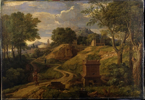Classical landscape with a woman carrying a child, c. 1650-75 (oil on canvas)