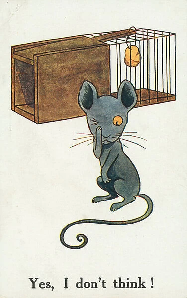 Clever mouse avoiding a mousetrap (colour litho)