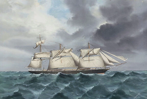 Clipper ship 'Blackadder' at sea with foremast and mainmast broken, 1895 (watercolour)