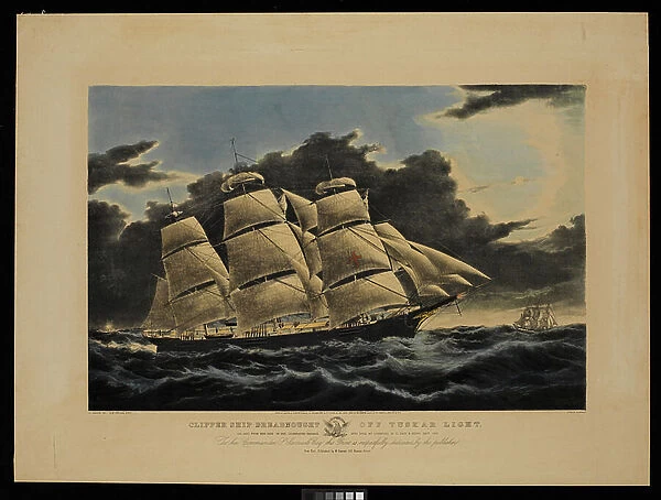 Clipper ship Dreadnought off Tuskar Light 12 1 / 2 days from New York on her celebrated passage into dock at Liverpool in 13 days 11 hours Decr 1854... (lithograph, coloured)