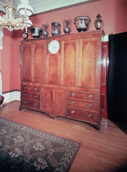 Clock inset in cupboard, c. 1830 (oak)