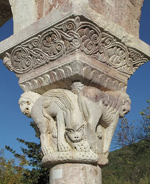 Top of the cloister. The Abbey of St. Michael of Cuxa (St. Michael of Cuxa also spelling Cuixa, of the Catalan name Sant Miquel de Cuixa). Cloister Romanesque built in the decennia 1130-1140