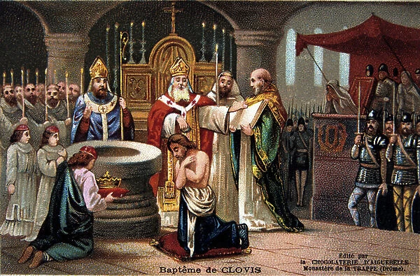 Clovis (c466-511) first King of the Franks. Clovis baptised at Rheims by Saint Remigius at Christmas 496, 498, or 506. 19th century (trade card in chromolithograph)