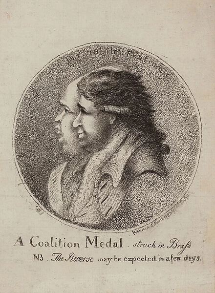 A Coalition Medal, Struck in Brass: satire on the coalition of British politicians Lord North and Charles James Fox, 1783 (engraving)