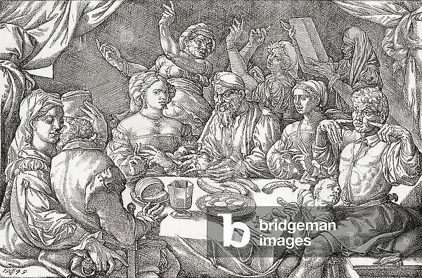 Coarse behaviour at the dining table during the Renaissance period. After a Spanish copper engraving from 1545. From Illustrierte Sittengeschichte vom Mittelalter bis zur Gegenwart by Eduard Fuchs, published 1909