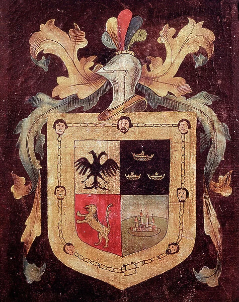 Coat of arms of Spanish conquistador Hernan Cortes, Spanish conquistador of Mexico, 16th century (painting)