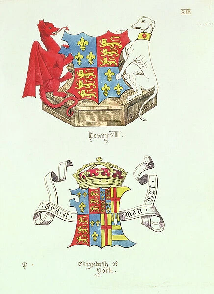 Coats of Arms of Henry VII and Elizabeth of York (colour litho)