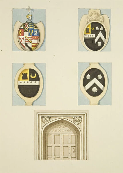 Coats of arms and spandrels over the door on Sexton